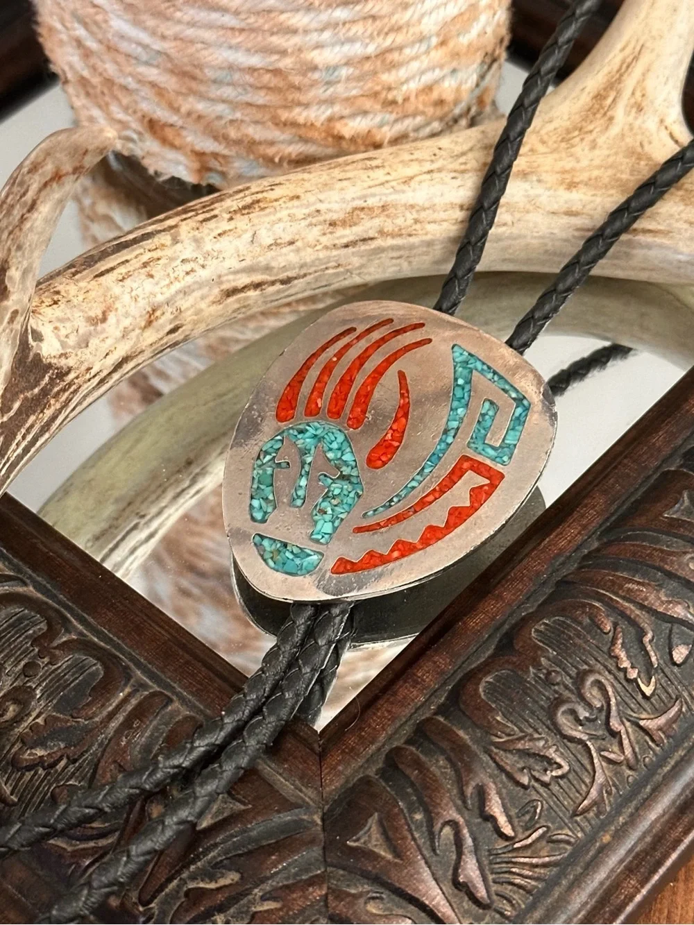Southwest Nickel Silver Turquoise and Coral Chip Inlay Bolo Necklace Marked TT